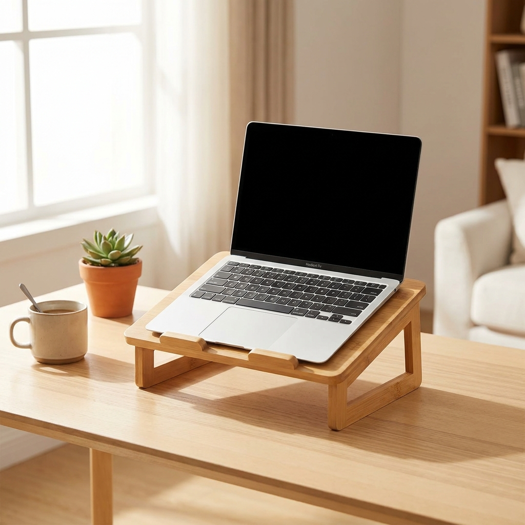 Bamboo laptop stand in use on a bright minimalist home office desk
