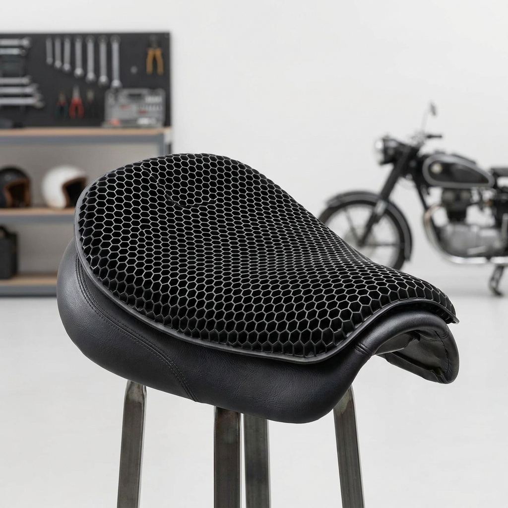 Gel motorcycle seat cushion with honeycomb structure on a motorcycle seat