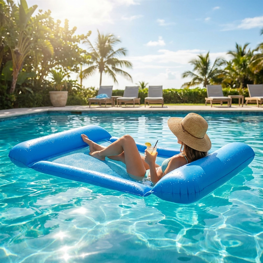 Blue inflatable floating water hammock in a swimming pool