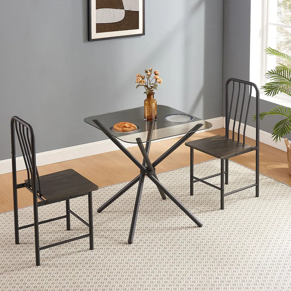 2-Person Glass Dining Table Set with Metal Chairs