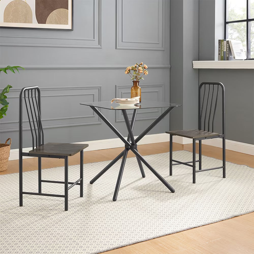 2-Person Glass Dining Table Set with Metal Chairs