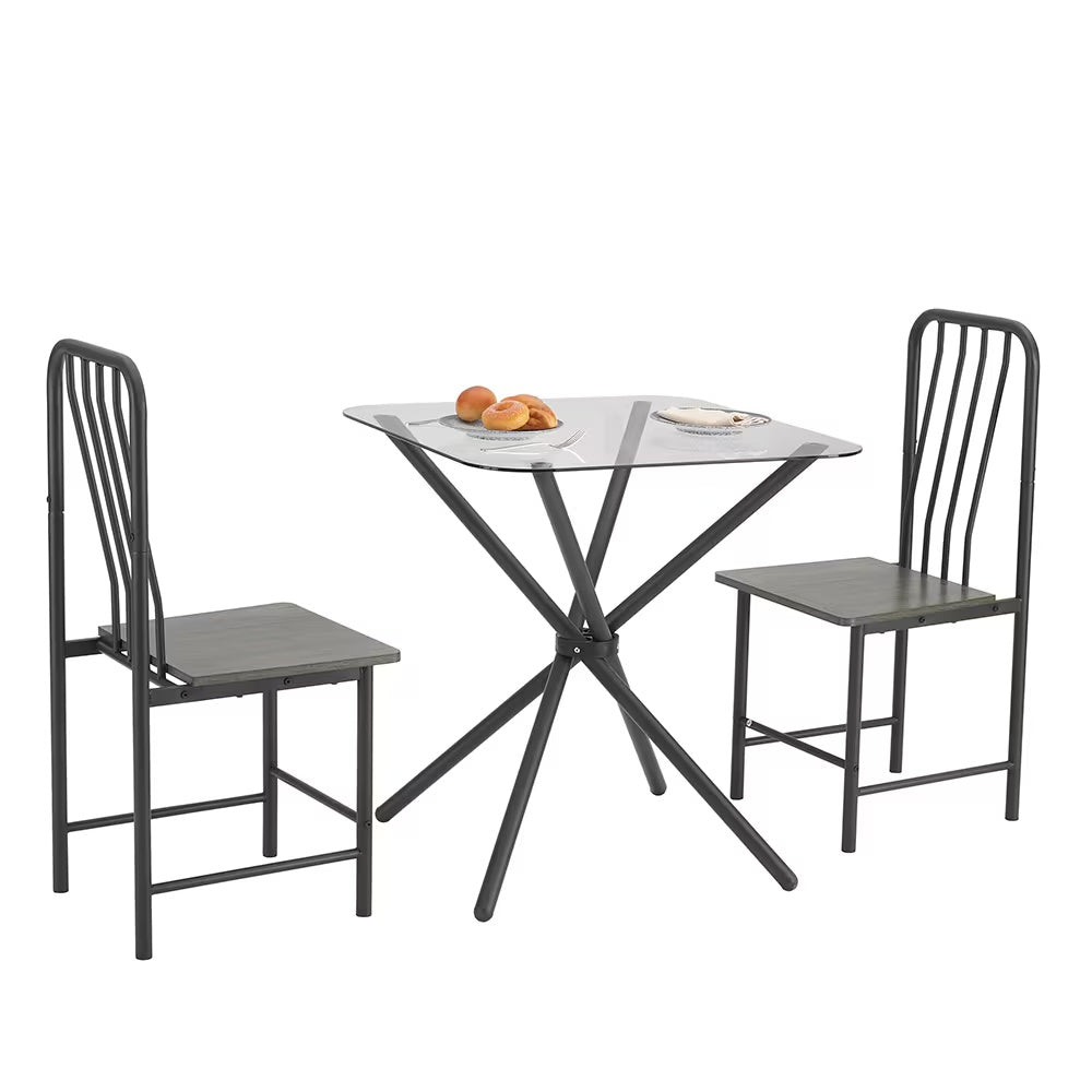 2-Person Glass Dining Table Set with Metal Chairs