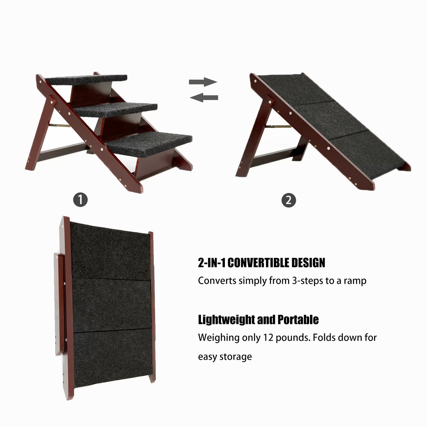 Foldable 3-Step Wood Pet Stairs & Ramp