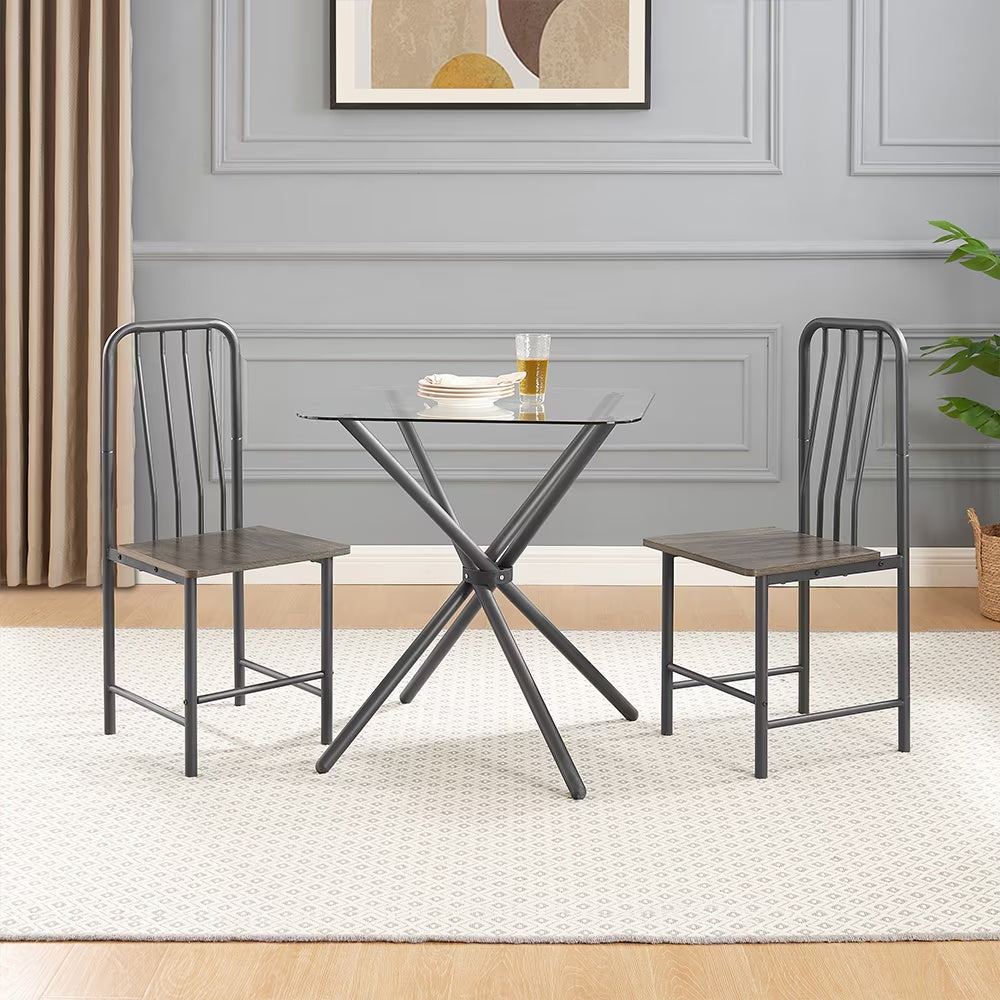 2-Person Glass Dining Table Set with Metal Chairs