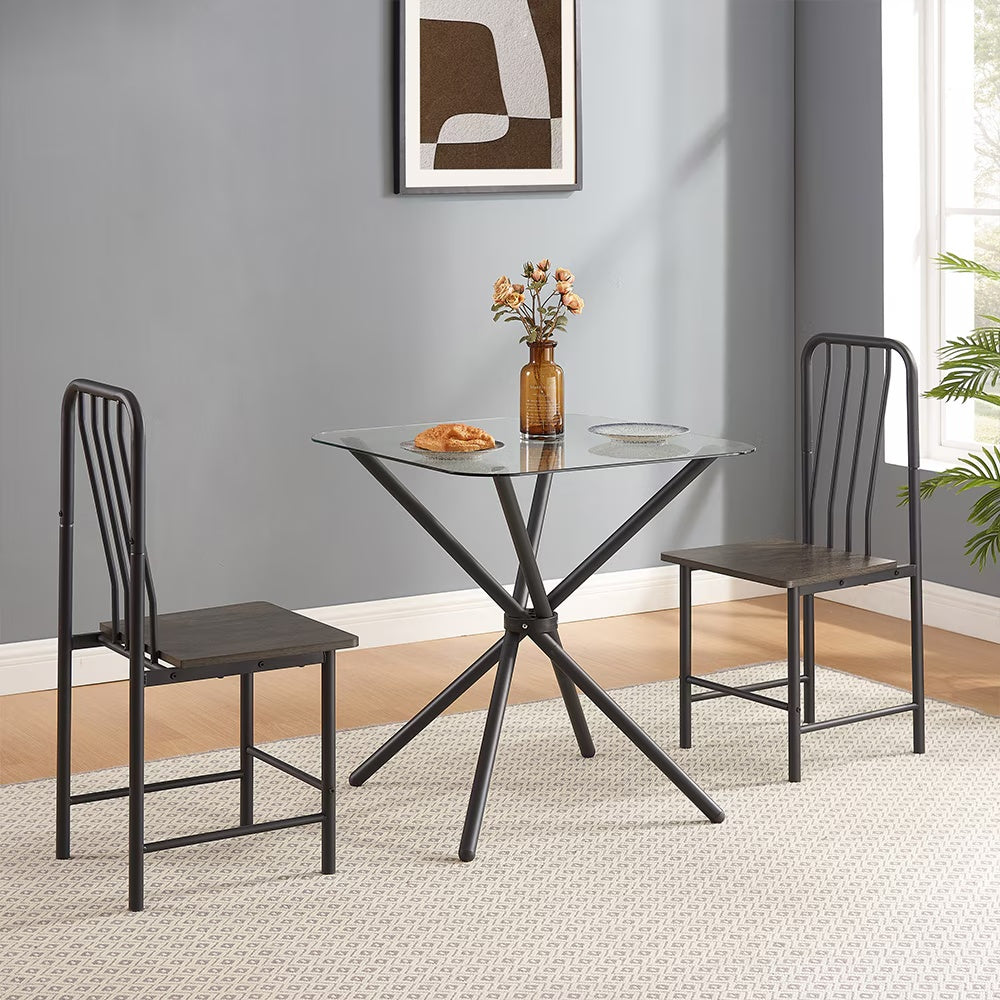 2-Person Glass Dining Table Set with Metal Chairs