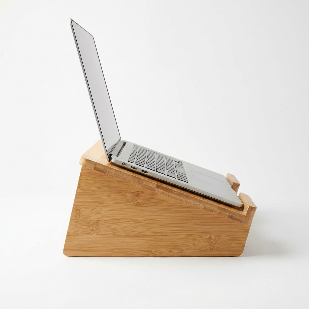 Bamboo laptop stand holding a laptop at an ergonomic angle on a white background