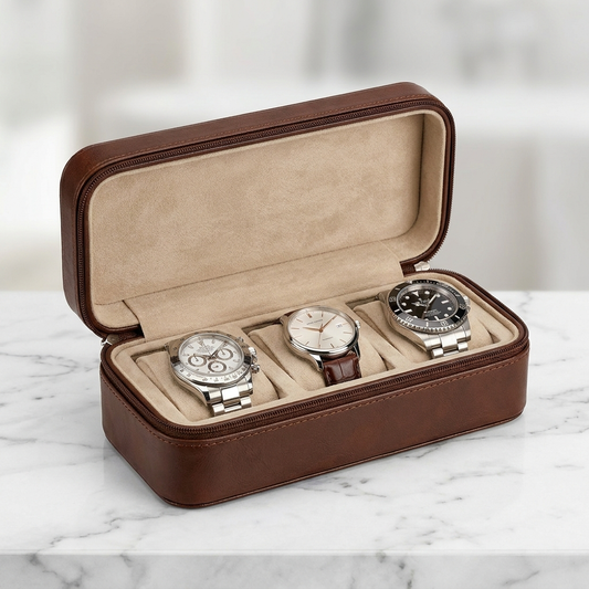 Three-slot travel watch case open showing watches inside