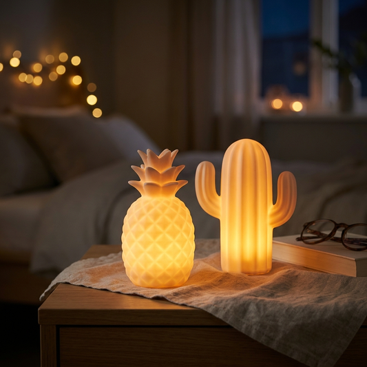 LED pineapple and cactus night lamp set glowing on a bedside table