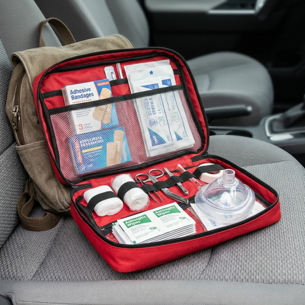 Open red first aid kit showing organized medical supplies